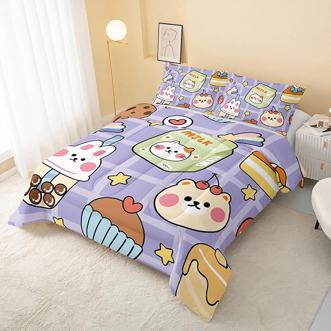 Kawaii Bear Comforter Set for Kids Teens Girls Women,Purple Bear Kids Comforter,1 Comforter with 2 Pillowcase, Microfiber 3 Piece Bedding Set,for All Seasons(Purple，Twin Size)