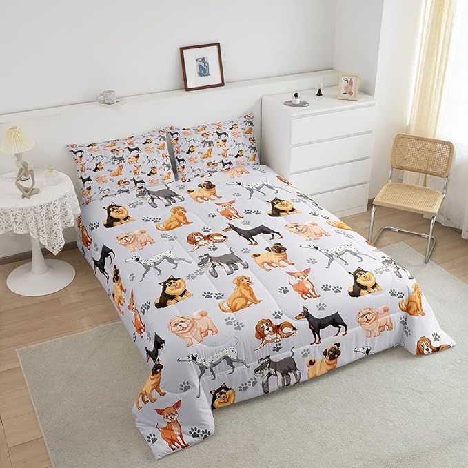 Kids Cute Dog Comforter Set Toddler Cartoon Dogs Bedding Set for Boys Girls Children Pet Dog Puppy Animal Lover Comforter Lovely Dog Paw Down Alternative Comforter for All Season Room Decor Full Size
