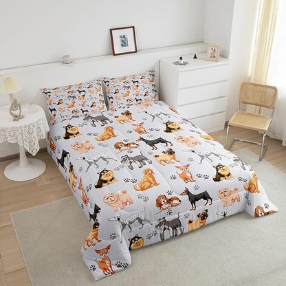Kids Cute Dog Comforter Set Toddler Cartoon Dogs Bedding Set for Boys Girls Children Pet Dog Puppy Animal Lover Comforter Lovely Dog Paw Down Alternative Comforter for All Season Room Decor Twin Size