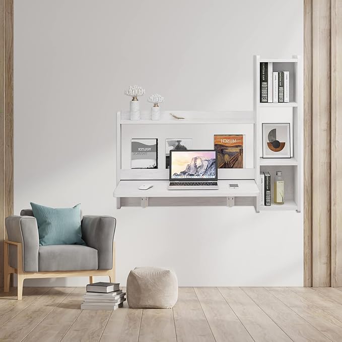 Pmnianhua Floating Desk,41'' Wall Mounted Desk Fold Down Laptop Desk Folding Space Saving Table Workstation with Storage Shelves for Bedroom Study Room Small Space (Off White-Right)