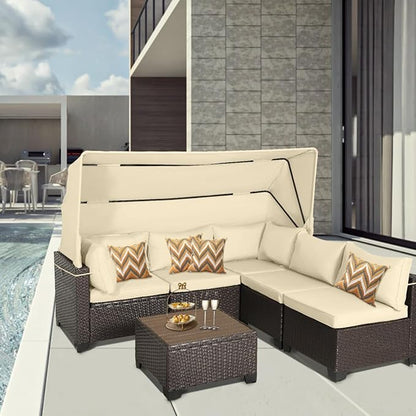 6 PCS Outdoor Patio Furniture Set,Sectional Sofa Set,Rattan Daybed with Retractable Canopy,Adjustable Backrest,Storage Coffee Table,Chaise Chair Sunbed for Porch Garden Poolside Backyard(Beige)