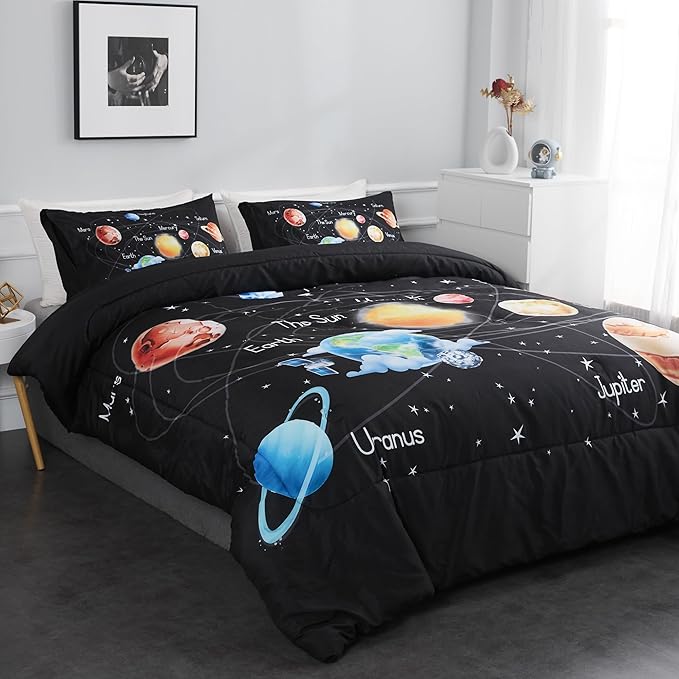 Outer Space Bedding Set King Solar System Comforter Set 3 Pieces 1 Space Comforter Twin and 2 Pillow Cases for Boys Girls Kids Ultra-Soft Microfiber All Seasons for Bedroom Sofa