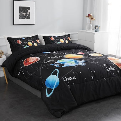Outer Space Bedding Set King Solar System Comforter Set 3 Pieces 1 Space Comforter Twin and 2 Pillow Cases for Boys Girls Kids Ultra-Soft Microfiber All Seasons for Bedroom Sofa