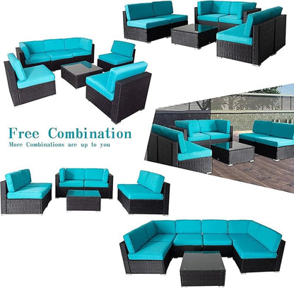 ClawsCover 14Pack Outdoor Patio Seat and Back Cushions Replacement Covers Fit for 7Pieces 6-Seater Wicker Rattan Sectional Couch Chair Furniture Set,Turquoise-Include Cover Only (Large)
