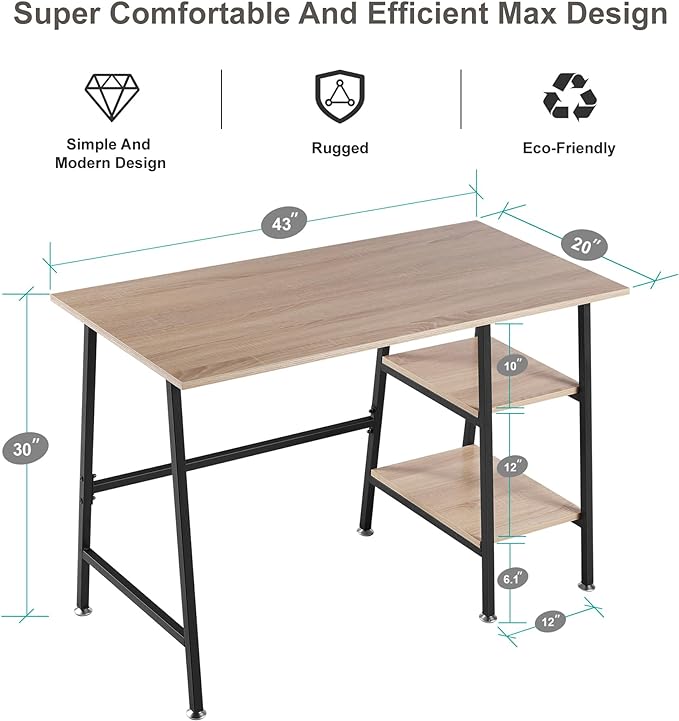 VECELO 43 Inch Home Office Computer Easy to Assemble Simple Table Modern Student Study Desk,Water Proof, Oak+black leg