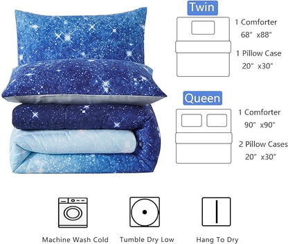 Blue Glitter Comforter Set Full/Queen Size for Boys Girls, Sparkle Galaxy Twinkle Starlight Kids Teen, 3 Piece Aqua Navy Ombre Bedding with 2 Pillow Cases(Blue,Queen), Queen(3-Piece)