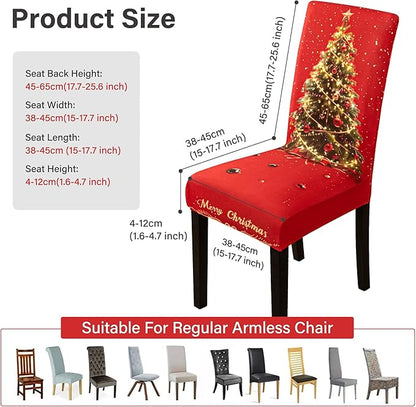 4PCS Christmas Dining Chair Covers Stretch Removable Washable Dining Room Chair Protector Slipcover 3D Print Xmas Tree Bow Tie Kitchen Chair Cover Slipcovers for Xmas Holiday Party Home Décor