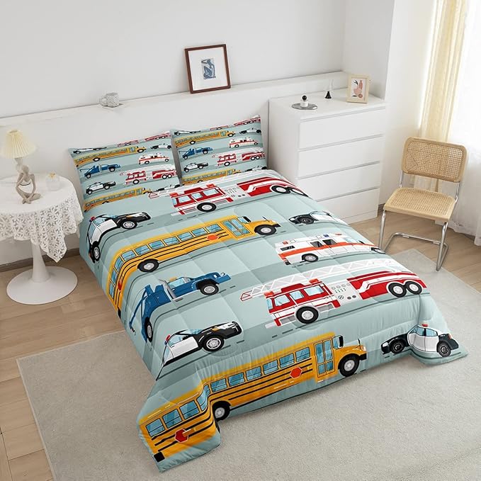 Erosebridal Fire Truck Comforter Set,Police Car Down Comforter Full Size,School Bus Bedding Set for Kids Boys Teens Youth,Equipped Truck Cartoon Vehicle Quilt Duvet Insert Bedroom Dorm Decor 3 Pcs
