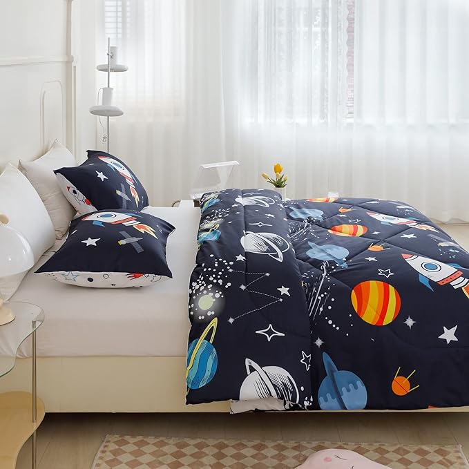 RYNGHIPY Kids Comforter Set Twin Size, Cute Space Rocket Bedding Set for Boys Girls, Space Themed Teen Boy Bedding (Space Rocket,Twin)