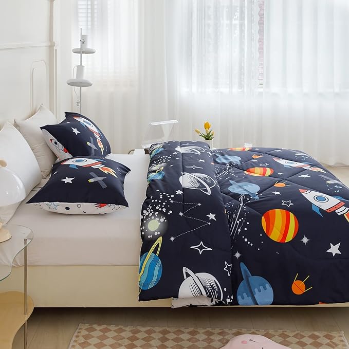 RYNGHIPY Kids Comforter Set Full Size, Cute Space Rocket Bedding Set for Boys Girls, Space Themed Teen Boy Bedding (Space Rocket,Full)