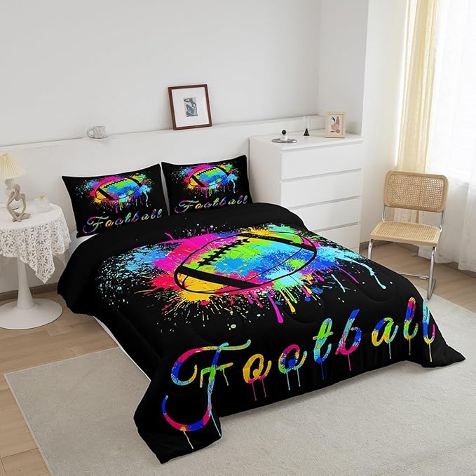 Feelyou Kids Football Comforter Set Twin Size Rugby Sports Game Bedding Set for Boys Girls Teens Bedroom Decor Tie Dye Comforter Women Men Soccer Player Duvet Set with 1 Pillow Case