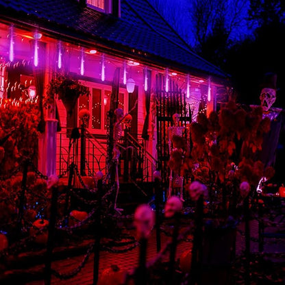 Kwaiffeo Halloween Lights Outdoor, Meteor Shower Lights Icicle Lights for Halloween Christmas Decorations Outdoor, Waterproof UL Plug 8 Tube Falling Rain Lights for Holiday Party New Year