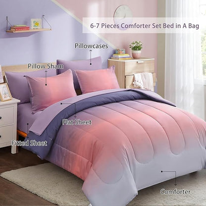 Dinjoy Girls Comforter Set Twin XL Size Rainbow Ombre Pink Purple Light Blue Bedding Set Gradient 6 Pieces Bed in A Bag for Kids Teen Women(1 Comforter, 1 Flat Sheet, 1 Fitted Sheet)