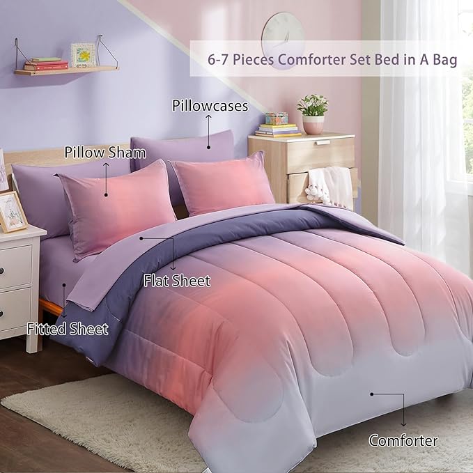 Dinjoy Girls Comforter Set King Size Colorful Rainbow Ombre Pink Purple Light Blue Bedding Set Gradient 7 Pieces Bed in A Bag for Kids Teen Women(1 Comforter, 1 Flat Sheet, 1 Fitted Sheet)