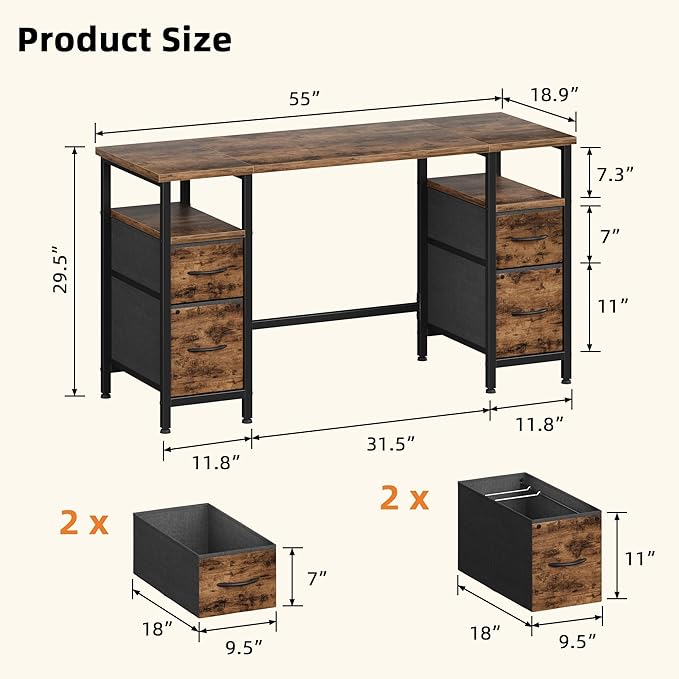 55'' Office Desk with 4 Fabric File Drawers - File Drawer Organization, Computer Work Desk, Study Writing Table, Home Office Workstation, Rustic Brown.