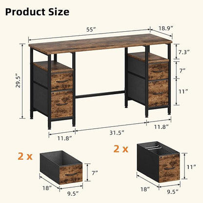 55'' Office Desk with 4 Fabric File Drawers - File Drawer Organization, Computer Work Desk, Study Writing Table, Home Office Workstation, Rustic Brown.