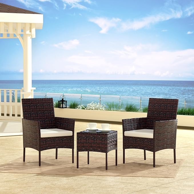 Patio Set 3 Piece Outdoor Rattan Porch Furniture with Tempered Glass Side Table & Cushion All Weather Conversation Bistro Set for Balcony,Deck,Porch (Brown/Beige)