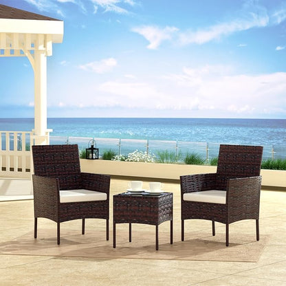 Patio Set 3 Piece Outdoor Rattan Porch Furniture with Tempered Glass Side Table & Cushion All Weather Conversation Bistro Set for Balcony,Deck,Porch (Brown/Beige)