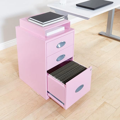 OSP Home Furnishings 3 Drawer Locking Metal File Cabinet with Top Shelf, Pink