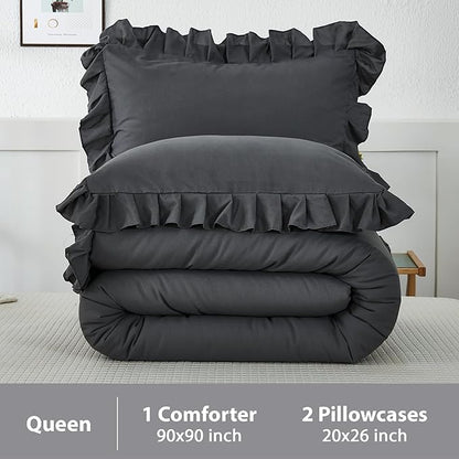 Andency Queen Comforter Set Dark Gray, 3 Pieces Boho Lightweight Summer Solid Bedding Comforters & Sets, Double Women Men Grey Ruffle Farmhouse Bed Set (90x90In Comforter & 2 Pillowcases)