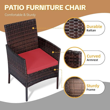 Patio Furniture Set 3 Pieces All-Weather Rattan Outdoor Furniture Patio Chairs with Tempered Glass Table for Porch Bistro Balcony Bistro Set(Brown/Red)
