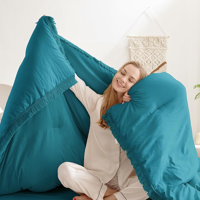 Andency Turquoise Comforter Set King, 3 Pieces Boho Teal Tassel Lightweight Bedding Comforter Sets for King Bed, All Season Bed Set (104x90In Comforter & 2 Pillowcases)