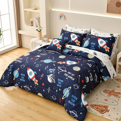 Rocket Comforter Set Full Size, 8 Piece Bed in a Bag Space Bedding Sets for Boys Girls Kids