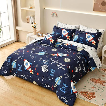8 Piece Kid Comforter Set Twin Size Bed in a Bag, Space Rocket Bedding Set for Teen Boys Girls