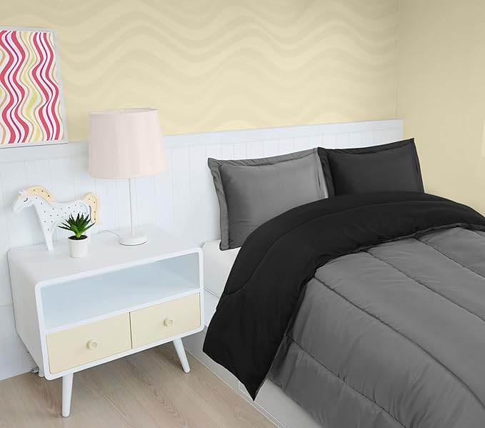 Utopia Bedding All Season Reversible Black and Grey Comforter Set with 2 Pillow Cases, 3 Piece Soft Brushed Microfiber Kids Bedding Set for Boys/Girls, Machine Washable (Twin)