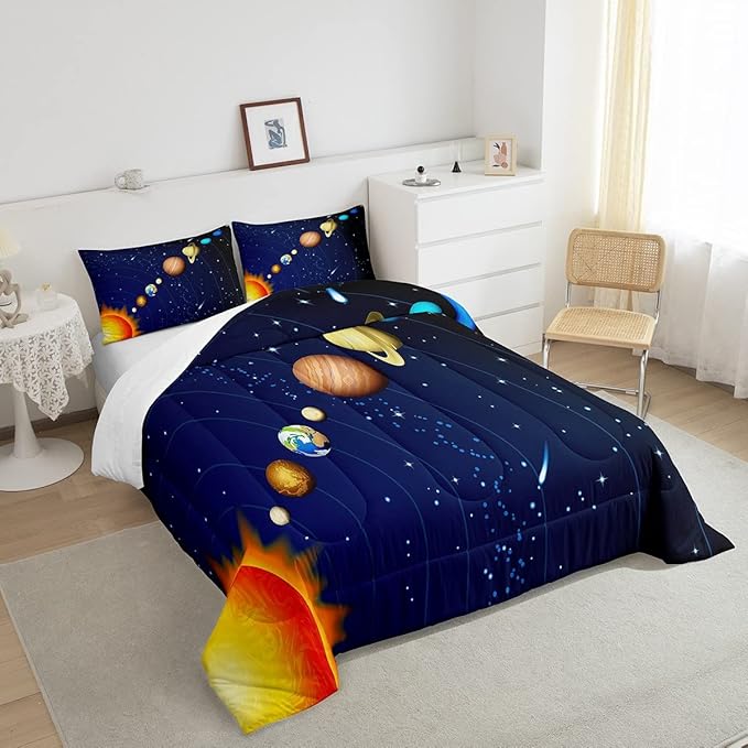 Erosebridal Boys Outer Space Down Comforter, Kids Galaxy Nebula Comforter Set King Size, Starry Sky Cosmos Bedding Set for Children Girls, Solar System Starry Landscape Quilted Duvet, Blue Purple