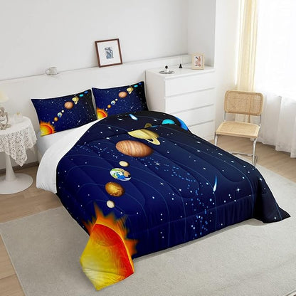 Erosebridal Boys Outer Space Down Comforter, Kids Galaxy Nebula Comforter Set King Size, Starry Sky Cosmos Bedding Set for Children Girls, Solar System Starry Landscape Quilted Duvet, Blue Purple