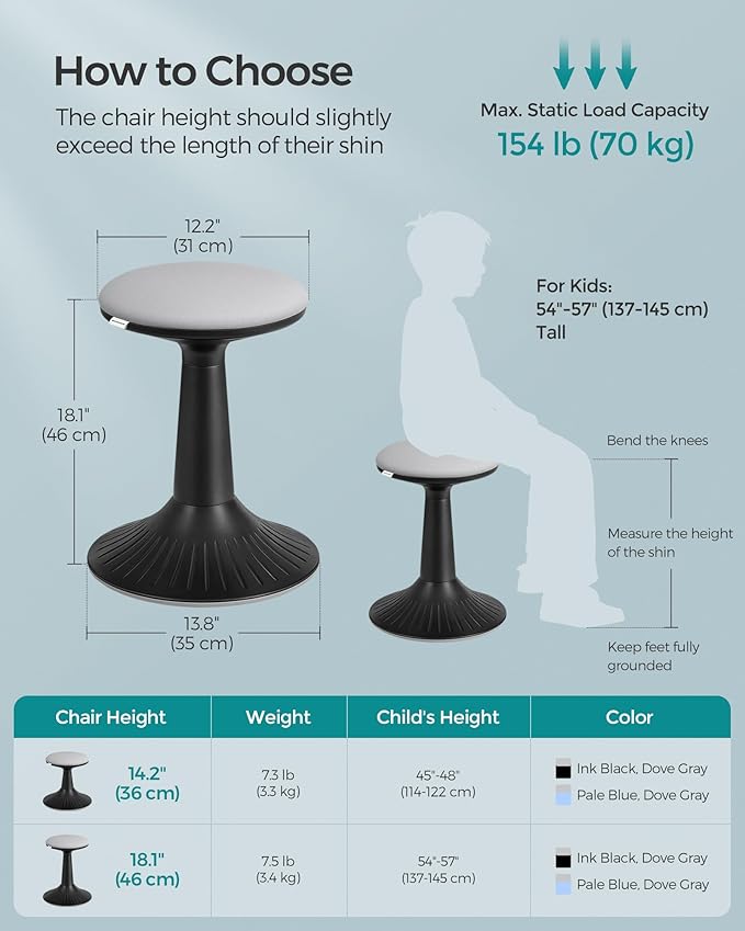 SONGMICS Kids Wobble Chair, Wiggle Stool for Kids Ages 8-12, Comfortable 60D Foam Seat, Breathable Fabric, Anti-Slip Base, 18.1-Inch High, Tool-Free Assembly, Ink Black and Dove Gray UOSC010B01