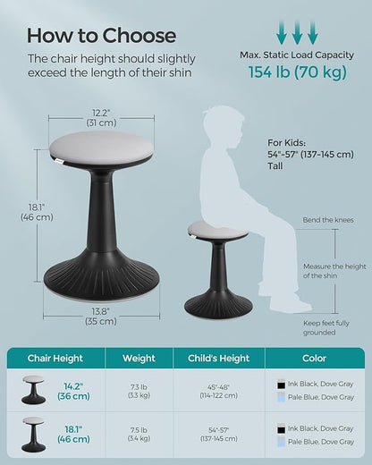 SONGMICS Kids Wobble Chair, Wiggle Stool for Kids Ages 8-12, Comfortable 60D Foam Seat, Breathable Fabric, Anti-Slip Base, 18.1-Inch High, Tool-Free Assembly, Ink Black and Dove Gray UOSC010B01
