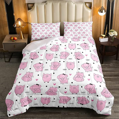 Erosebridal Pink Pig Comforter Set for Girls Kawaii Room Decor Full,Cute Pigs Bedding Set for Kids Boys Children Farm Animal Quilted Duvet Sets Cartoom Style Soft Lightweight Down Comforter 3 Pcs