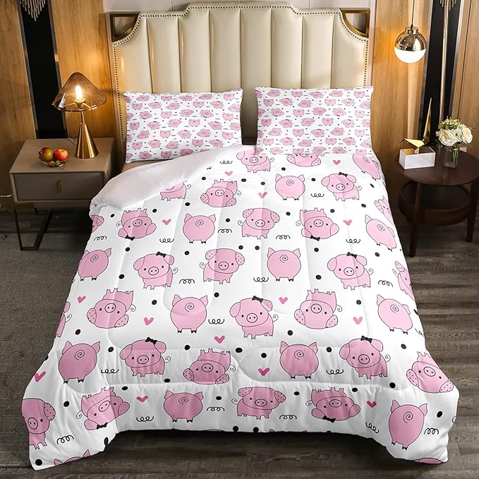 Erosebridal Pink Pig Comforter Set for Girls Kawaii Room Decor Queen,Cute Pigs Bedding Set for Kids Boys Children Farm Animal Quilted Duvet Sets Cartoom Style Soft Lightweight Down Comforter 3 Pcs