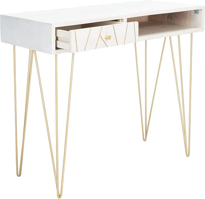 Safavieh Home Office Collection Marigold White Wash and Brass 1-Drawer Hairpin Leg Desk, 0