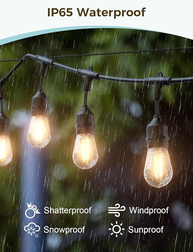 XMCOSY+ Smart LED Outdoor String Lights, 123Ft Patio Lights with 40 Shatterproof Dimmable Edison Bulbs, WiFi & App Control, Work with Alexa, IP65 Waterproof String Light for Outside Bistro Porch