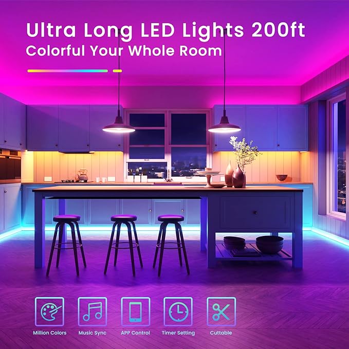 200ft Bluetooth Long LED Strip Lights, Music Sync Tape Lighting, RGB Color Changing LED Lights for Bedroom with Remote,Smart Phone APP Control, Ceiling Living Room Decor (APP+Remote+Mic/2 Roll)