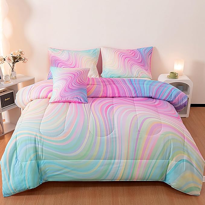 4 Pcs Pink Twin Comforter Set for Girls, Tie Dye Superior Kids Teen Bedding Sets, Blue Pink Rainbow Twin Size Bedding Set for Girls