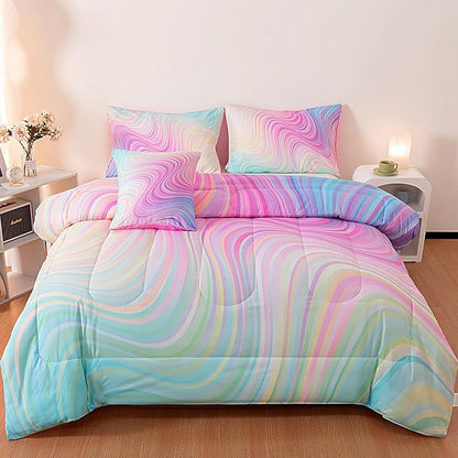 4 Pcs Pink Twin Comforter Set for Girls, Tie Dye Superior Kids Teen Bedding Sets, Blue Pink Rainbow Twin Size Bedding Set for Girls
