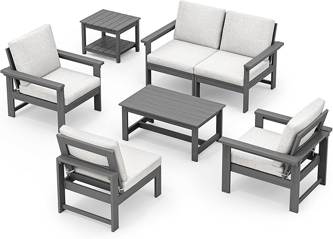 SERWALL HDPE Patio Coversation Set, 7-piece Outdoor Sectional Sofa Set, All Weather Patio Couch Set Patio Furniture for Balcony, Deck, Grey Frame with Khaki Cushion