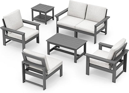 SERWALL HDPE Patio Coversation Set, 7-piece Outdoor Sectional Sofa Set, All Weather Patio Couch Set Patio Furniture for Balcony, Deck, Grey Frame with Khaki Cushion