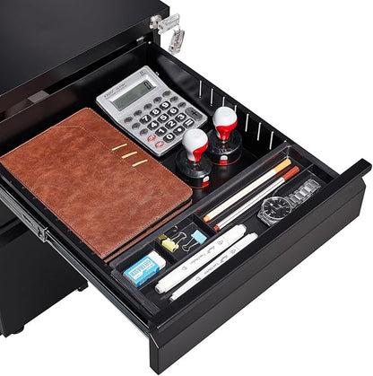 3-Drawer Mobile Lock and 5 Casters,Pre-Assembled Metal Office Storage Filing Cabinets w/ 1 Removable Hanging Rods,for Legal/Letter Size,Black