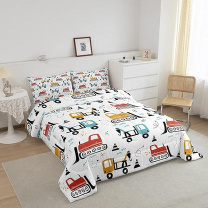 Boys Cartoon Car Comforter Set, Kids Construction Vehicles Comforter for Kids Children Cartoon Truck Bedding Set Cute Cars Teal Red Yellow Quilt Set Bedroom Collection 3Pcs King Size
