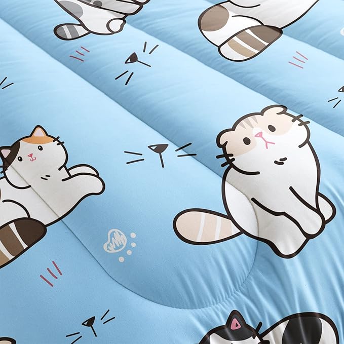 Datura home Blue Kawaii Cat Comforter Bedding Set for Girls Lovely Kitten Print Cute Animal Pattern with 1 and 2 Pillowcases Bedroom All Season(Cat Queen), Queen 90x90inches