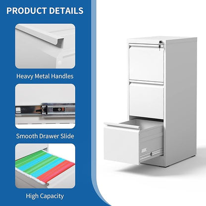 Vertical File Cabinet with Drawer, 3 Drawer File Cabinet with Lock, Filing Cabinets for Home Office, Hanging Files for A4/ Legal/Letter, White