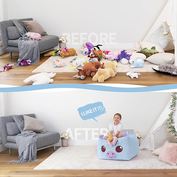 Aubliss Unicorn Stuffed Animal Storage Bean Bag Chair for Kids, Velvet Extra Soft Beanbag Chairs Cover, X-Large Stuffable Zipper Bean Bag for Organizing Plush Toys Girls Bedroom Decor, Blue