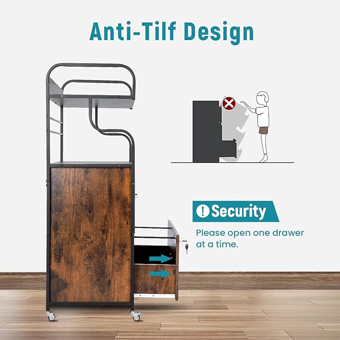 Vertical File Cabinet, 2 Drawer Mobile Filing Cabinet with 1 Bookshelf, Printer Stand with Open Storage Shelves Fits A4/Letter/Legal Size File Cabinets for Home Office Organizer, Brown