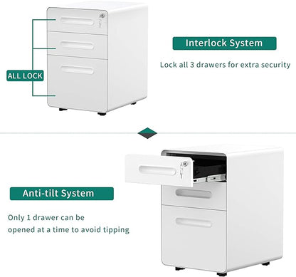 YITAHOME 3-Drawer Metal Mobile File Cabinet, Rolling Filing Cabinet with Lock, Filing Cabinet Under Desk fits Legal/A4 Size for Home/Office, Fully Assembled,White
