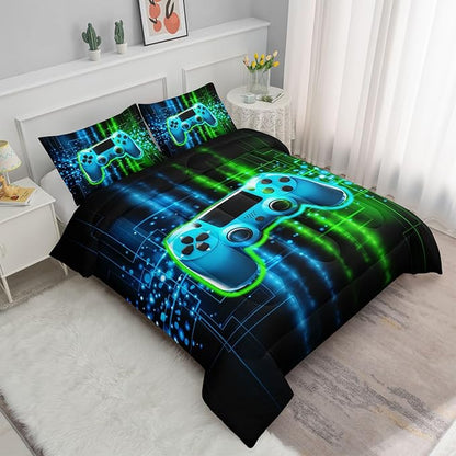 Datura home Video Gamer Comforter Set for Kids Teens Adults,Green Black Gamepad Modern Gamer Gaming Printed Bedding Set with 1 Comforter and 2 Pillowcases(Gamepad Green Queen)